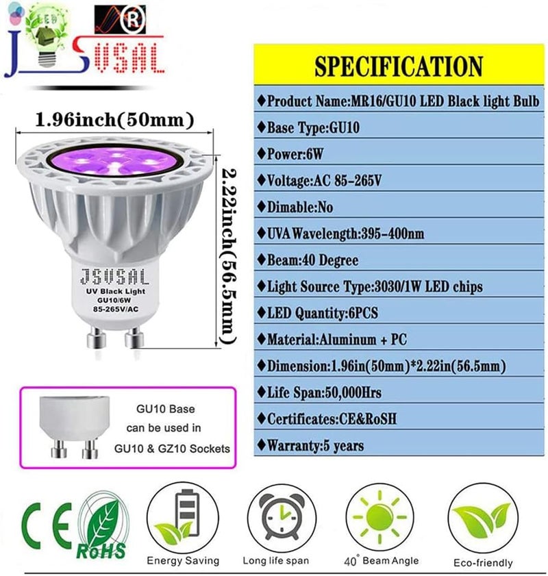 JSVSAL LED Black Light Bulbs,MR16 GU10 Base,AC 85-265V 6W,UVA Level 395-400nm, Glow in The Dark for Blacklight Party,Stage Lighting,DJ Dance Party,Holiday Decorations,2 Pack - Image 2